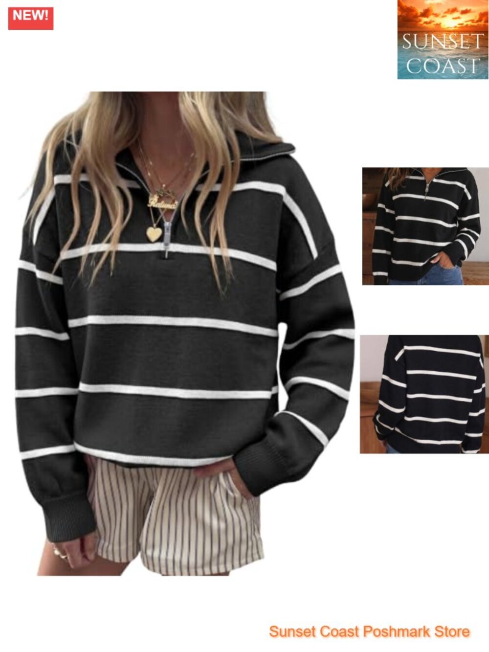 Women's Quarter Zip Striped Pullover Sweater Oversized Ribbed Knit Top
